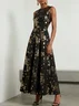 Black Stamped Bronzing Satin Crew Neck Sleeveless A-Line Maxi Dress