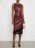 Burgundy Lace Ruched Classic Boat Neck Sleeveless Shift Midi Dress
