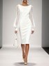 White Lace Classic Boat Neck Long Sleeve Balloon Sleeve Sheath Midi Dress