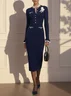 Navy Blue Wool-Blend 3D Floral Buckle Classic Crew Neck Long Sleeve Sheath Midi Dress