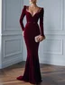Burgundy Lace Embroidery Velvet Sweetheart Neckline Long Sleeve Mermaid Gown Dress
