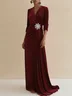 Burgundy Rhinestone Ruched Velvet V Neck Long Sleeve A-Line Gown Dress