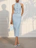 Women Blue Tweed Buckle Rhinestone Turtleneck Sleeveless Dressy Top With Skirt Two-Piece Set