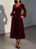 Burgundy Faux Fur Velvet V Neck Half Sleeve A-Line Midi Dress