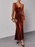 Caramel Lace Ruffled Velvet V Neck Long Sleeve Balloon Sleeve Sheath Maxi Dress