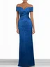 Blue Jacquard Floral Satin Off The Shoulder Sleeveless Sheath Maxi Dress