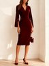 Wine Red Imitation Pearls Velvet V Neck Long Sleeve Bell Sleeve Sheath Midi Dress