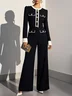 Women Black Buckle Piping Crew Neck Long Sleeve Dressy Jumpsuit