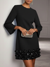 Black 3D Floral Glitter Classic Crew Neck Long Sleeve Bell Sleeve A-Line Mini Dress