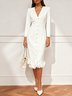 White 3D Floral Buckle Classic V Neck Long Sleeve Sheath Midi Dress