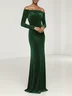 Green Hot Drilling Velvet Off The Shoulder Long Sleeve Sheath Gown Dress