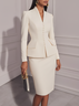 Women White Buckle V Neck Long Sleeve Dressy Coat With Skirt Two-Piece Set