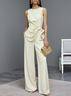 Women Beige Bow Ruched Crew Neck Sleeveless Dressy Jumpsuit