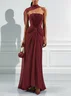 Burgundy Pleated Classic Strapless Sleeveless Sheath Gown Dress