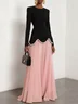 Pink Imitation Pearls Split Joint Peplum Crew Neck Long Sleeve A-Line Gown Dress