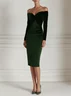 Green Knot Velvet Off The Shoulder Long Sleeve Sheath Midi Dress