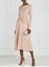Light Pink Pleated Knot Knit Crew Neck Long Sleeve A-Line Midi Dress