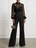 Women Black Lace Mock Neck Long Balloon Sleeve Dressy Jumpsuit
