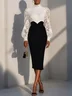 Black-white Lace Split Joint Velvet Mock Neck Long Sleeve Balloon Sleeve Sheath Midi Dress