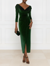 Green Hot Drilling Velvet V Neck Three Quarter Sleeve Gigot Sleeve Sheath Maxi Dress