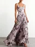 Purple Pleated Floral Chiffon Square Neck Sleeveless A-Line Maxi Dress