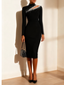 Black Rhinestone Cut Out Classic Mock Neck Long Sleeve Sheath Midi Dress