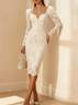 Off White Lace Sweetheart Neckline Long Sleeve Sheath Midi Dress
