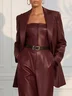 Women Faux Leather Spring/Fall Burgundy Pocket Stitching Blazer