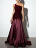 Burgundy Satin Ruched Split Joint Velvet One Shoulder Sleeveless A-Line Gown Dress