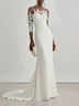 White Elegant Satin Lace Plain Three Quarter Sleeve Gown Wedding Dress 