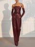 Women Burgundy Faux Leather Pocket Stitching Strapless Sleeveless Modern Jumpsuit