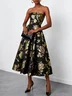 Black Gold Stamped Bronzing Floral Classic Strapless Sleeveless A-Line Midi Dress