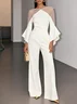 Women White Mesh Asymmetric Crew Neck Long Sleeve Bell Sleeve Dressy Jumpsuit