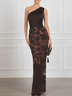 Black Ruched 3D Floral Lace One Shoulder Sleeveless Sheath Maxi Dress