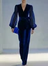 Navy Blue Velvet Split Joint Bow V Neck Long Sleeve Dressy Jumpsuit