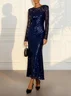 Navy Blue Lace Sequin Crew Neck Long Sleeve Sheath Maxi Dress