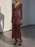 Burgundy Lace V Neck Long Sleeve Sheath Maxi Dress