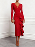 Red Ruffled Ruched Knit V Neck Long Sleeve Sheath Midi Dress