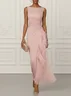 Pink Mesh Ruched Knit Boat Neck Sleeveless Sheath Maxi Dress