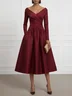 Burgundy Ruched Classic V Neck Long Sleeve A-Line Midi Dress