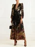 Black Floral Stamped Bronzing Chiffon V Neck Long Sleeve Balloon Sleeve A-Line Maxi Dress