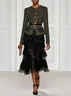 Women Black Tweed Tulle Buckle Stamped Bronzing Crew Neck Long Sleeve Dressy Coat With Skirt Two-Piece Set