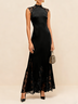 Black Lace Classic Mock Neck Sleeveless Raglan Sleeve Mermaid Maxi Dress