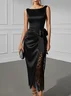 Black Bow Lace Satin Boat Neck Sleeveless Sheath Midi Dress