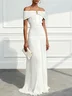 White Pleated Buckle Chiffon Off The Shoulder Sleeveless Sheath Gown Dress