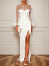 White Imitation Pearls Side-Slit Classic Crew Neck Long Sleeve Puff Sleeve Sheath Gown Dress
