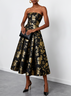 Black Gold Stamped Bronzing Floral Classic Strapless Sleeveless A-Line Midi Dress