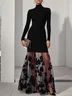 Black Mesh Floral Knit Mock Neck Long Sleeve A-Line Maxi Dress