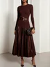 Burgundy Faux Leather Pleated Split Joint Knit Crew Neck Long Sleeve A-Line Maxi Dress