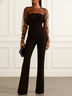 Women Black Mesh Crew Neck Long Sleeve Dressy Jumpsuit
